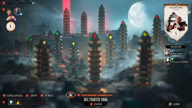 The Towers of Time screen with a DLC battle tower highlighted in red in the back row.